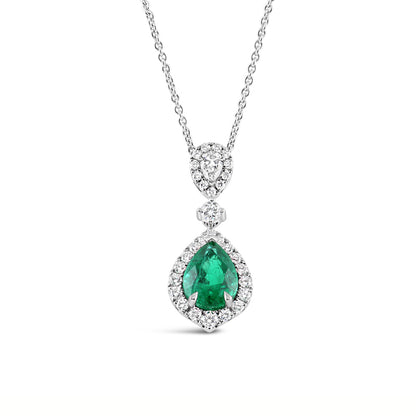 Double Halo Zambian Emerald &amp; Diamond Drop Pendant