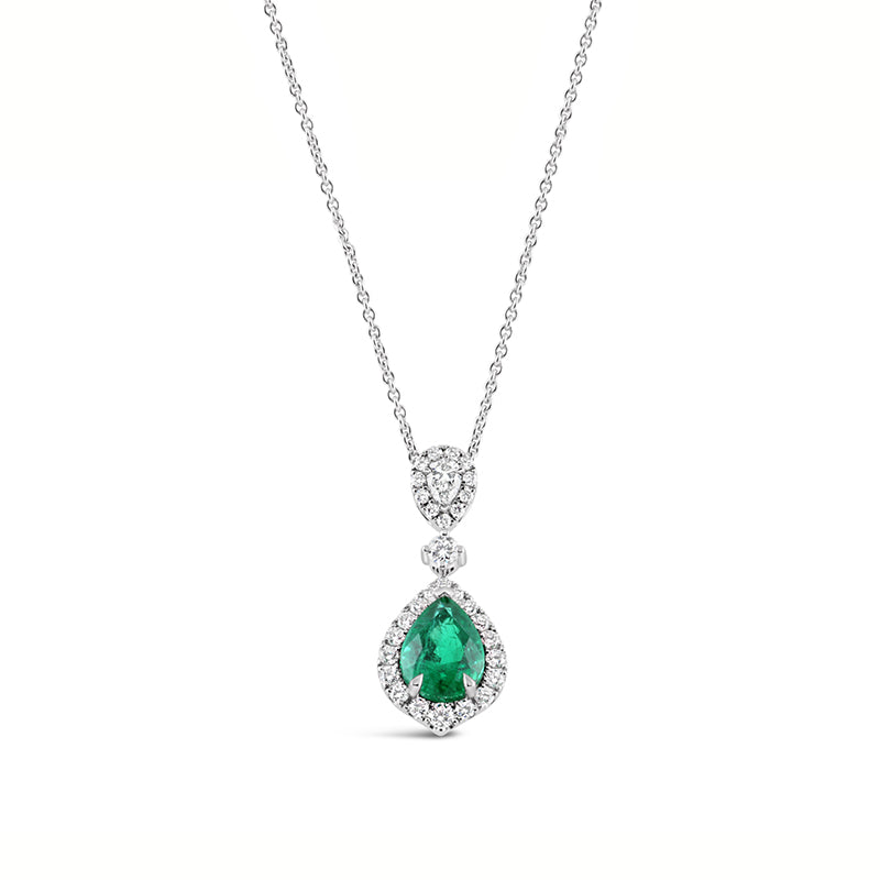 Double Halo Zambian Emerald &amp; Diamond Drop Pendant
