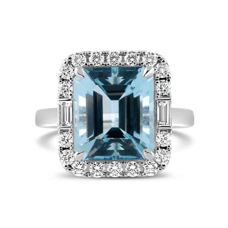 Emerald Cut Aquamarine &amp; Diamond Ring