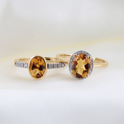 Oval Citrine &amp; Diamond Halo Ring