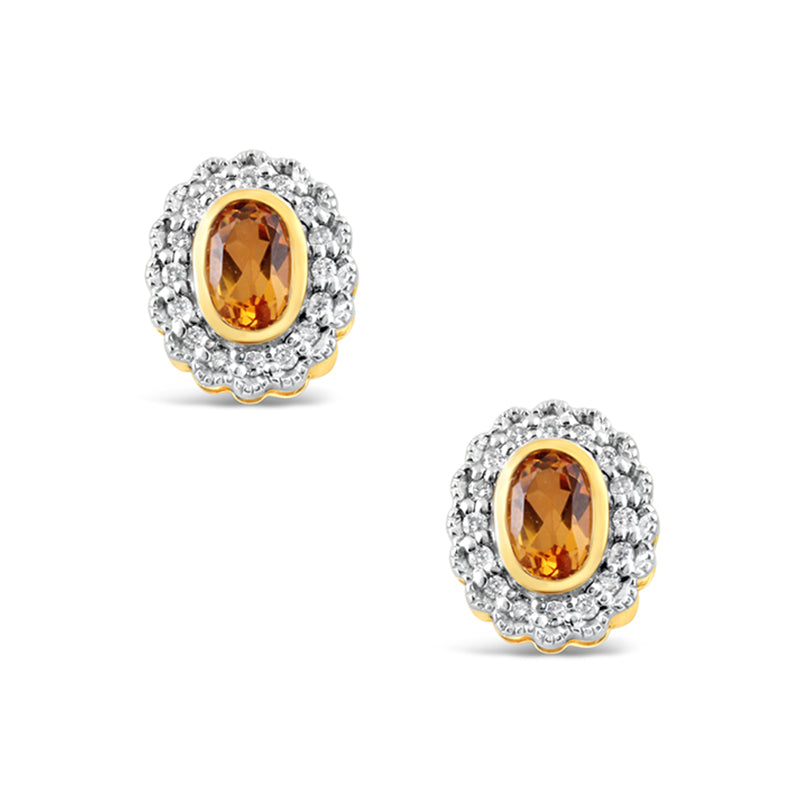 Oval Shaped Citrine &amp; Diamond Halo Stud Earrings