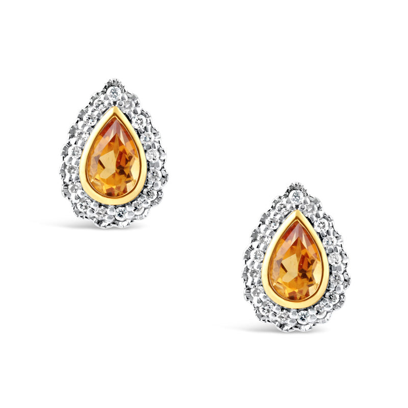 Pear Shaped Citrine &amp; Diamond Halo Stud Earrings