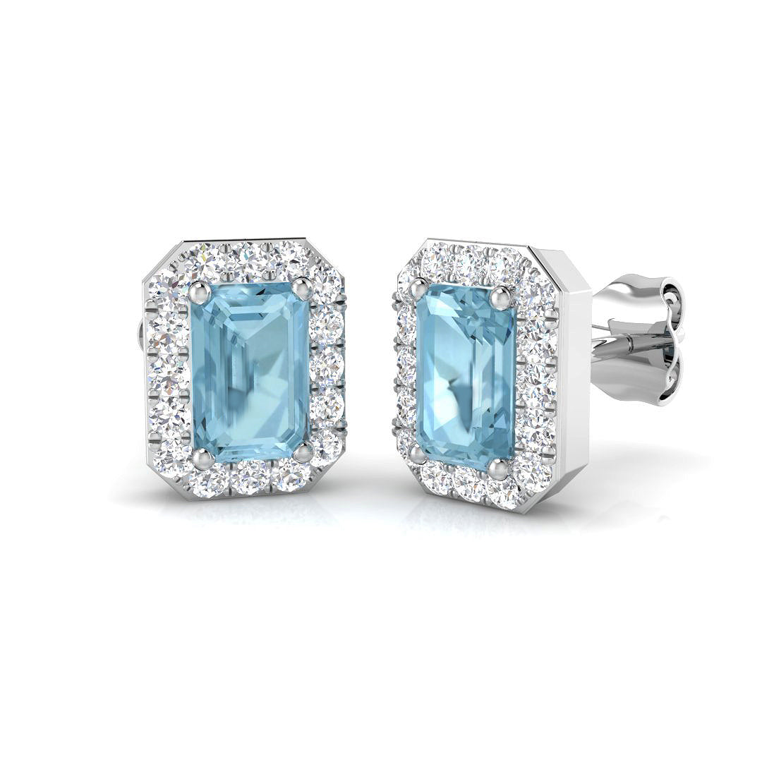 Emerald Cut Aquamarine &amp; Diamond Halo Earrings