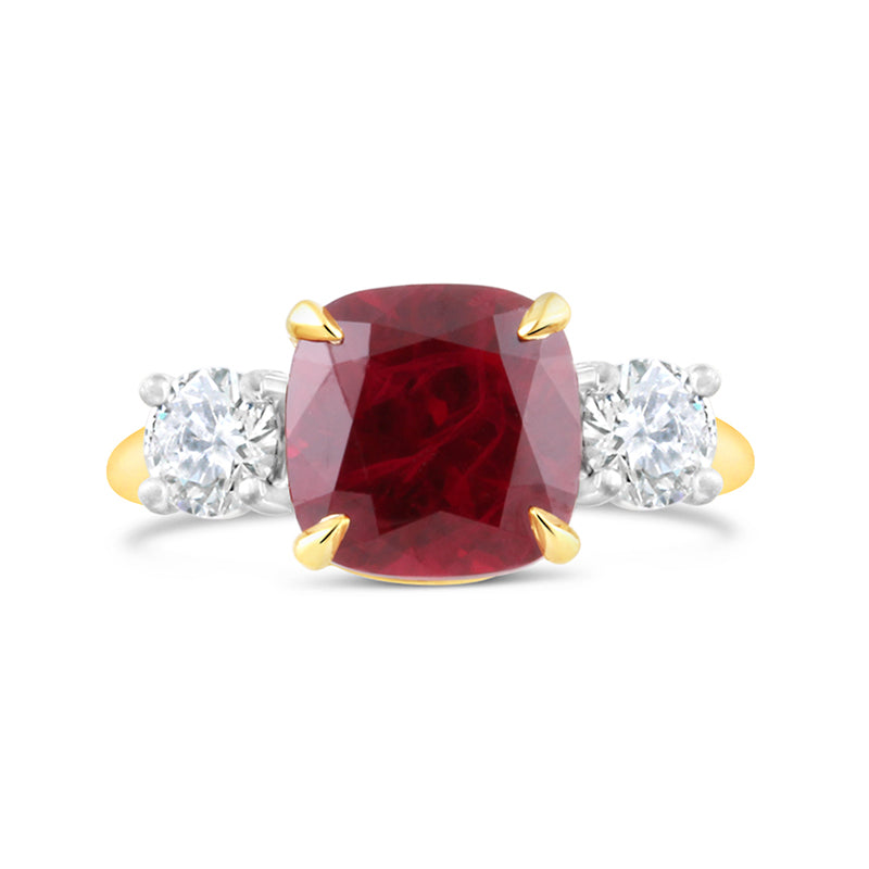 Cushion Cut Ruby &amp; Diamond Three Stone Ring