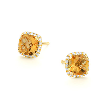 Cushion Cut Citrine Stud Earrings with Diamond Halo