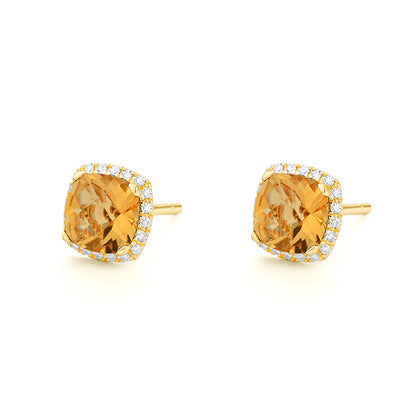 Cushion Cut Citrine Stud Earrings with Diamond Halo
