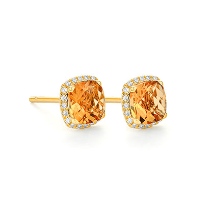 Cushion Cut Citrine Stud Earrings with Diamond Halo