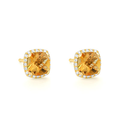Cushion Cut Citrine Stud Earrings with Diamond Halo