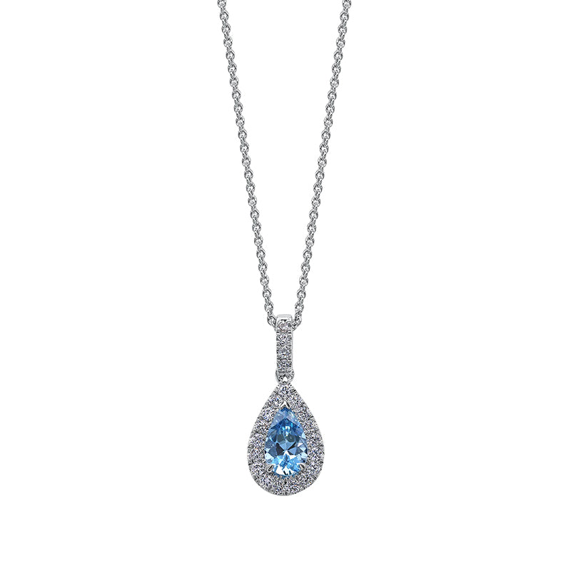 Pear Cut Aquamarine &amp; Diamond Halo Drop Pendant