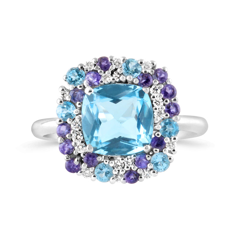 Cushion Cut Blue Topaz with Diamond &amp; Tanzanite Halo