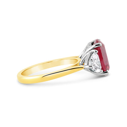 Oval Ruby &amp; Trillion Diamond Three Stone Ring