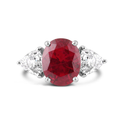 Oval Ruby &amp; Trillion Diamond Three Stone Ring