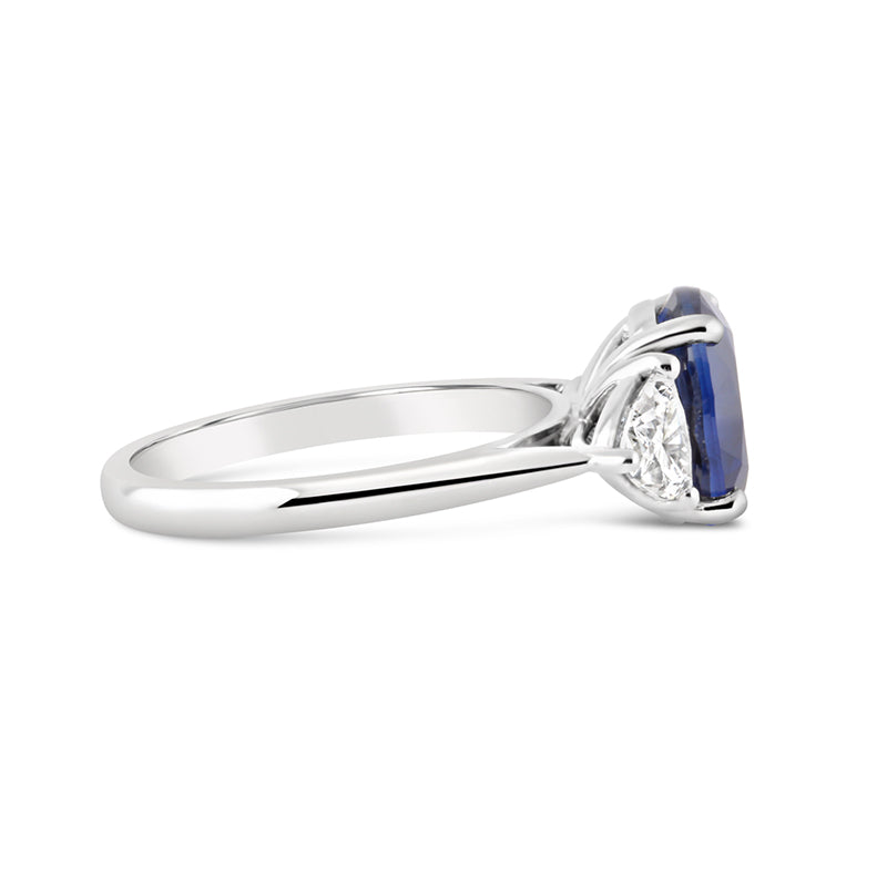Oval Cut Sapphire 3.52ct &amp; Trillion Diamond 1.06ct Three Stone Ring