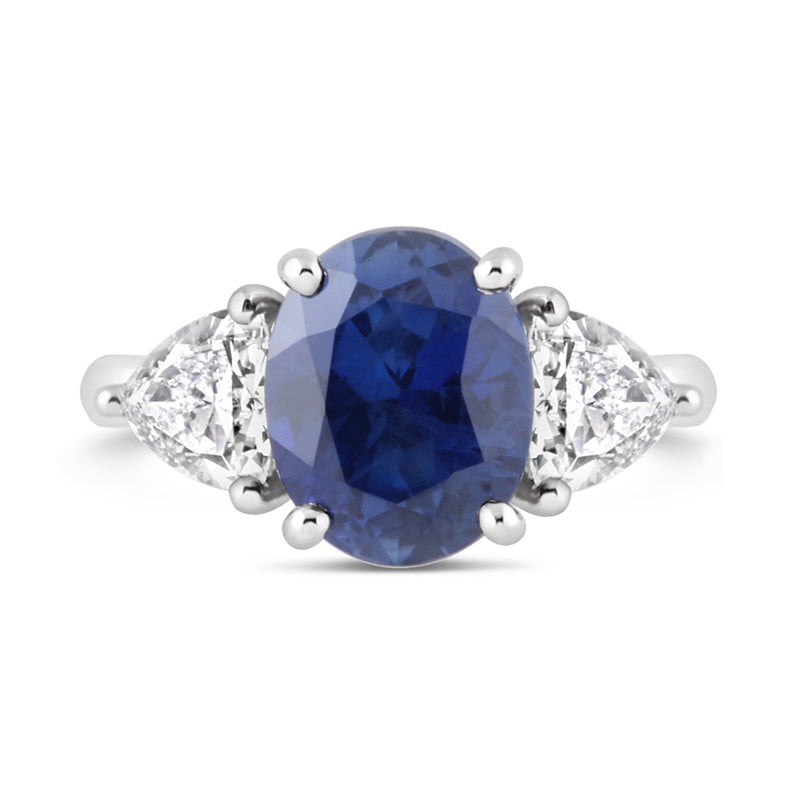 Oval Cut Sapphire 3.52ct &amp; Trillion Diamond 1.06ct Three Stone Ring