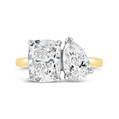 Cushion &amp; Pear Cut Diamond Toi et Moi Diamond Ring 4.22ct