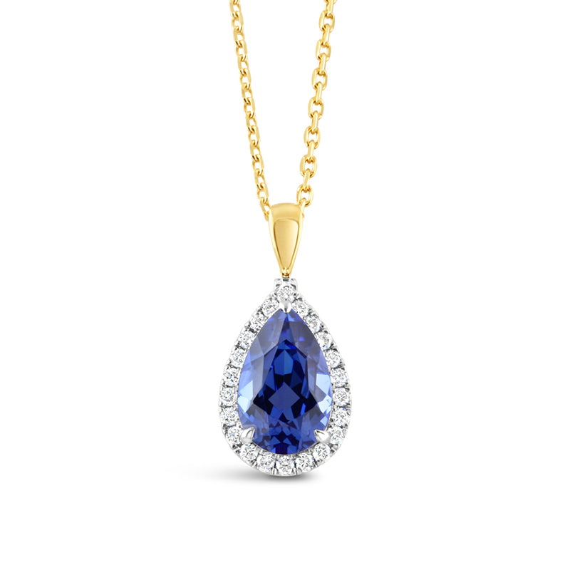 Pear Cut Sapphire &amp; Diamond Halo Pendant