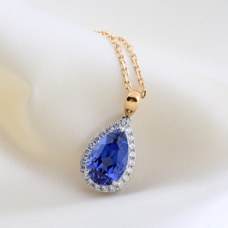 Pear Cut Sapphire &amp; Diamond Halo Pendant