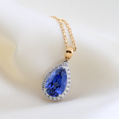 Pear Cut Sapphire &amp; Diamond Halo Pendant