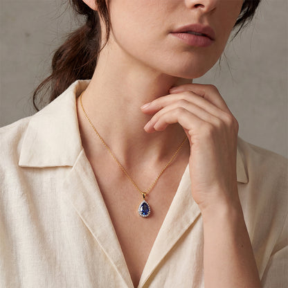 Pear Cut Sapphire &amp; Diamond Halo Pendant