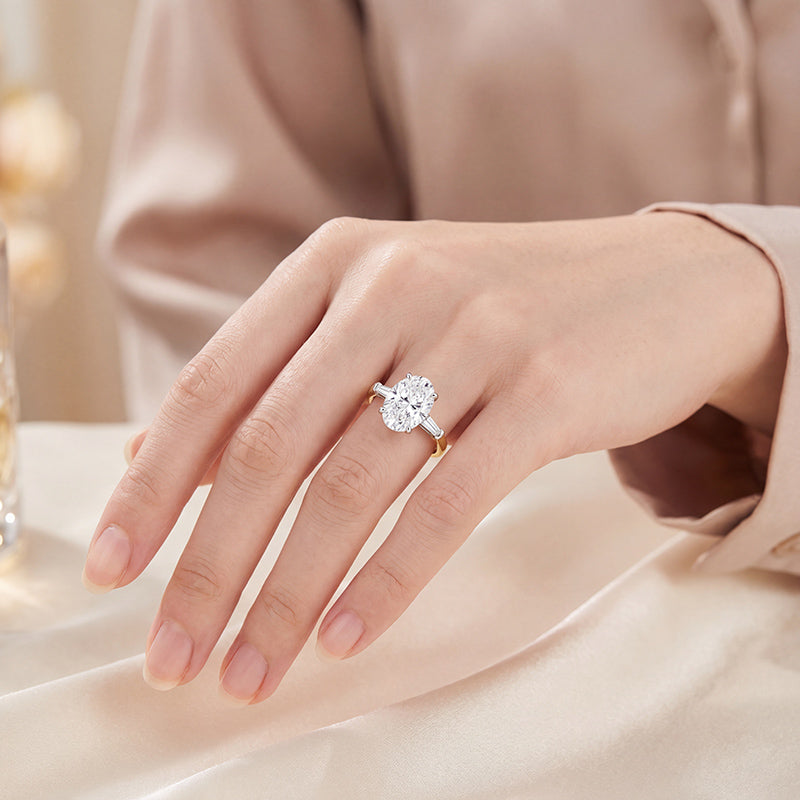 Oval &amp; Tapered Baguette Hidden Halo Three Stone Diamond Ring 5.54ct
