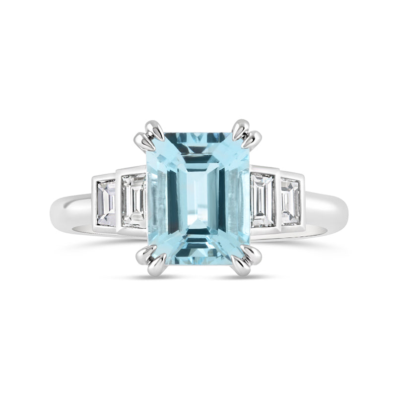 Emerald Cut Aquamarine &amp; Diamond Three Stone Ring 2.07ct