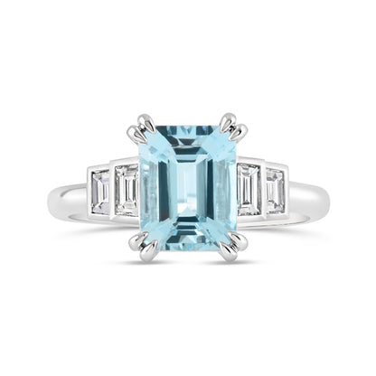 Emerald Cut Aquamarine &amp; Diamond Three Stone Ring 2.07ct