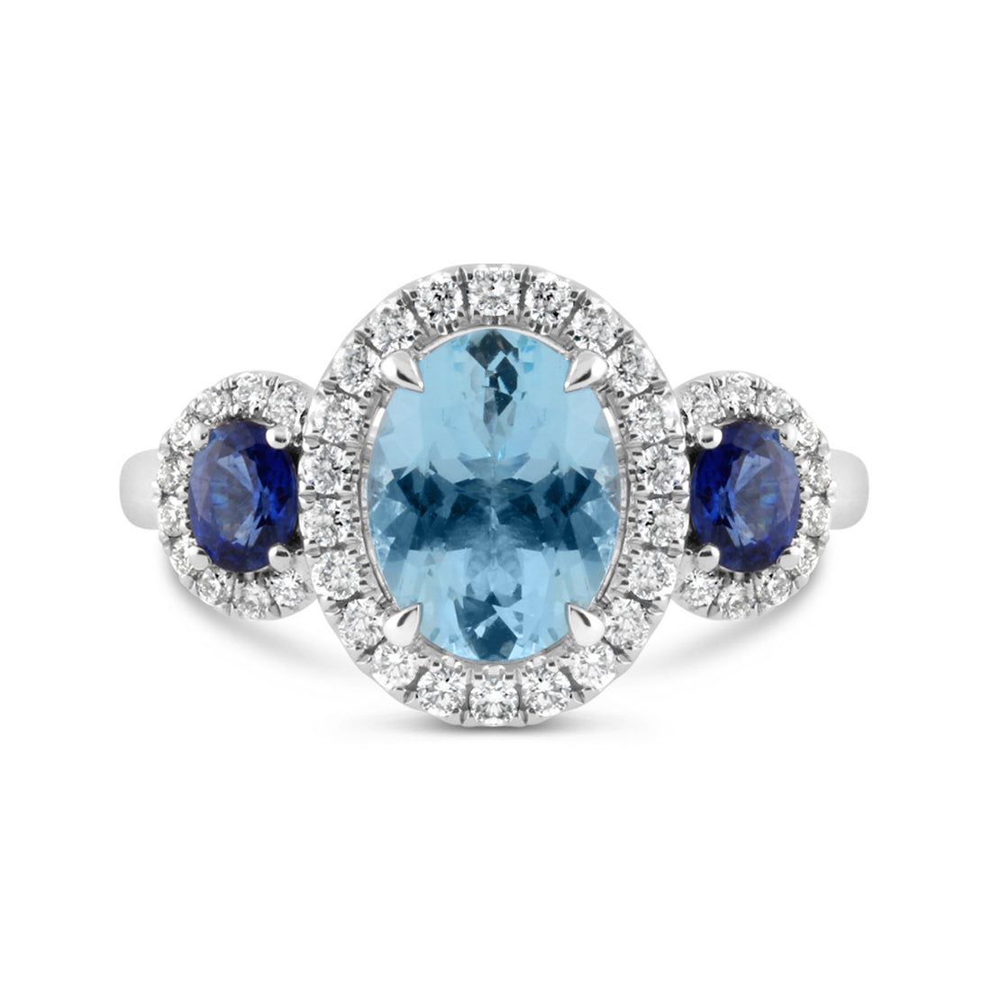 Oval Aquamarine, Sapphire & Diamond Trilogy Halo Ring