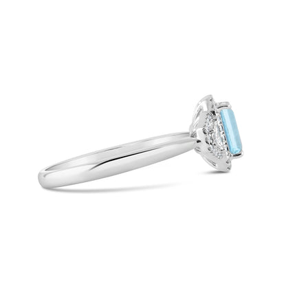 Emerald Cut Aquamarine &amp; Trapezoid Diamond Three Stone Halo Ring