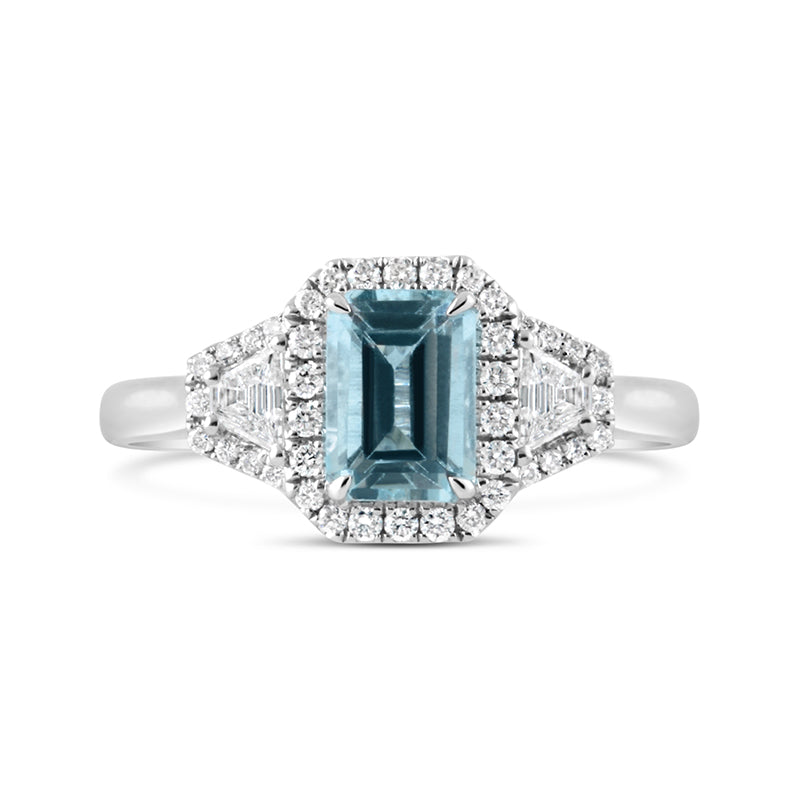 Emerald Cut Aquamarine &amp; Trapezoid Diamond Three Stone Halo Ring