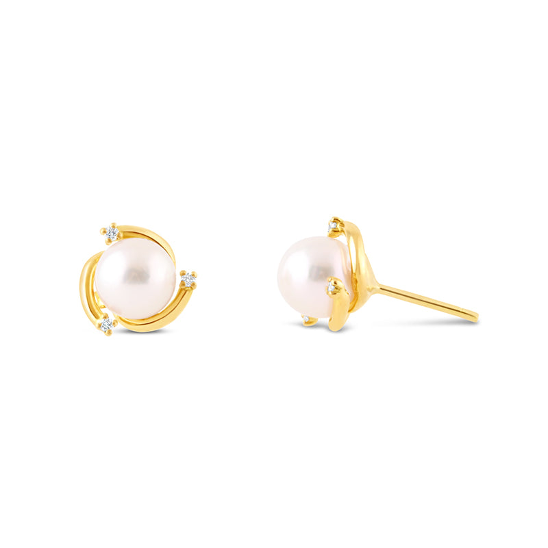 Pearl &amp; Diamond Yellow Gold Swirl Stud Earrings
