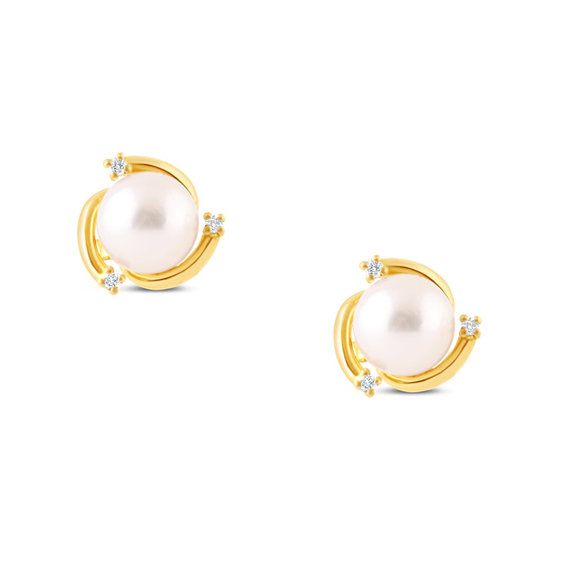 Pearl &amp; Diamond Yellow Gold Swirl Stud Earrings