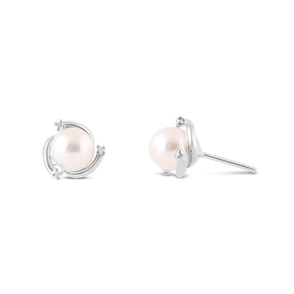 Pearl &amp; Diamond White Gold Swirl Stud Earrings