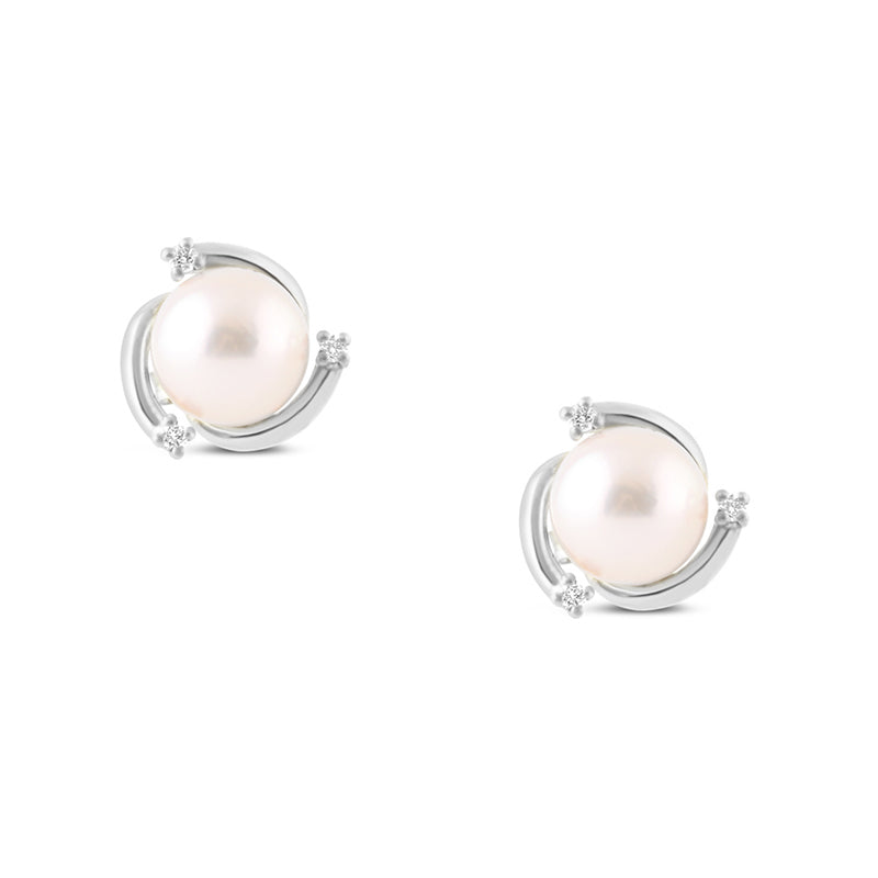 Pearl &amp; Diamond White Gold Swirl Stud Earrings