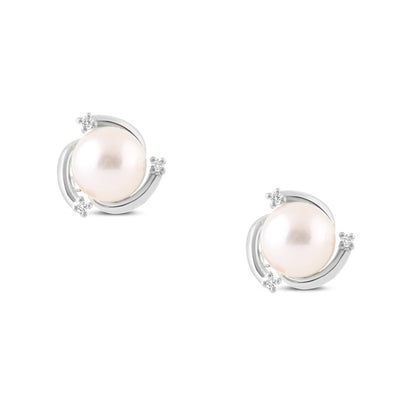 Pearl &amp; Diamond White Gold Swirl Stud Earrings