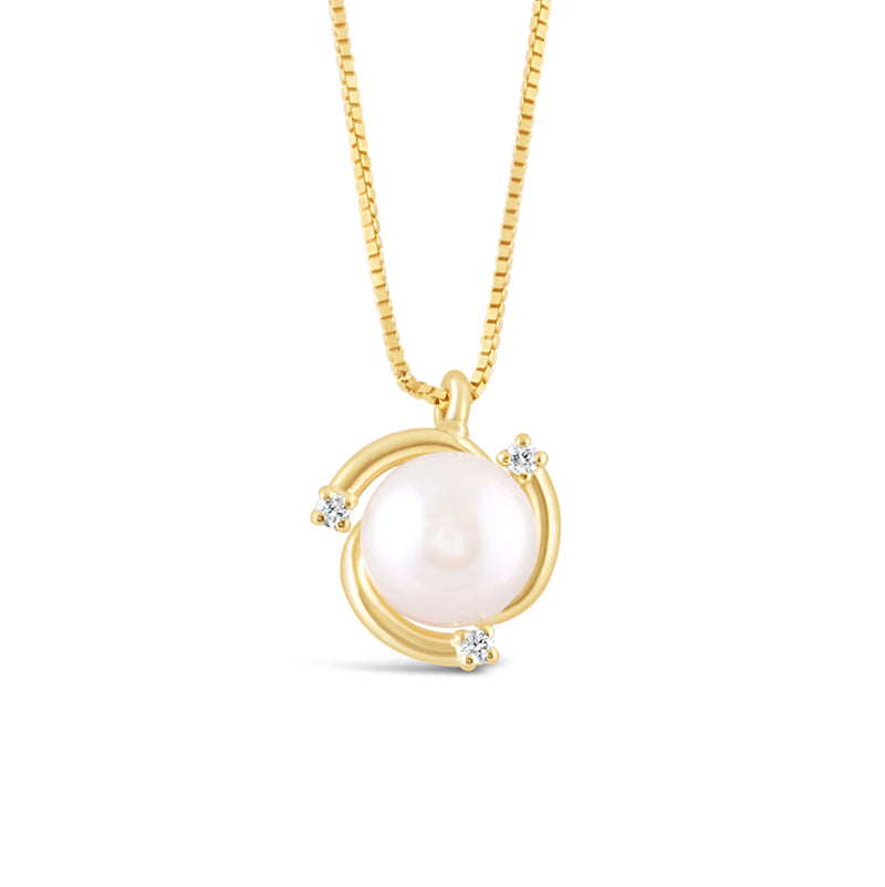 Pearl &amp; Diamond Yellow Gold Swirl Pendant