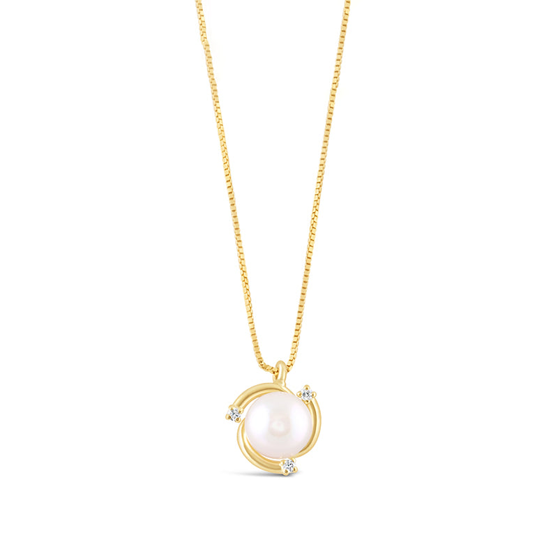 Pearl &amp; Diamond Yellow Gold Swirl Pendant