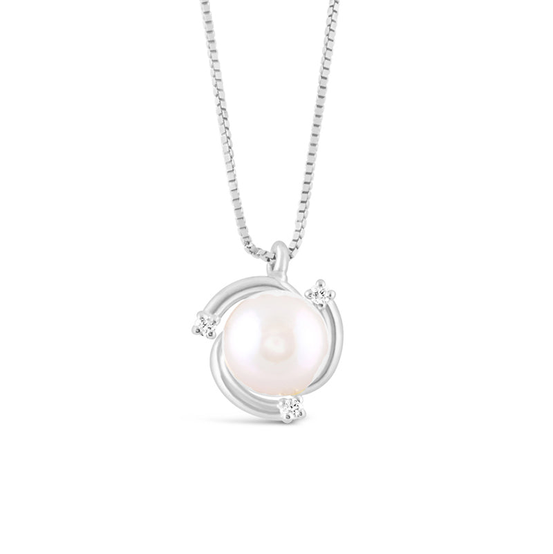 Pearl &amp; Diamond White Gold Swirl Pendant