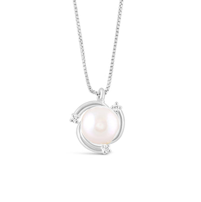 Pearl &amp; Diamond White Gold Swirl Pendant