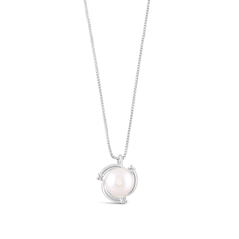 Pearl &amp; Diamond White Gold Swirl Pendant