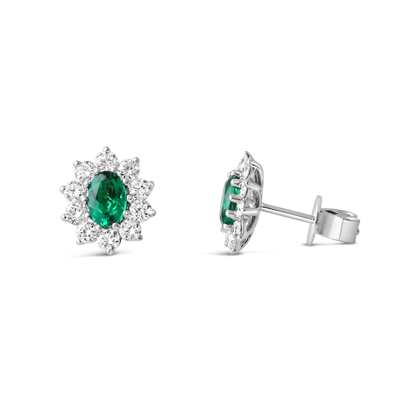 Emerald &amp; Diamond Cluster Stud Earrings