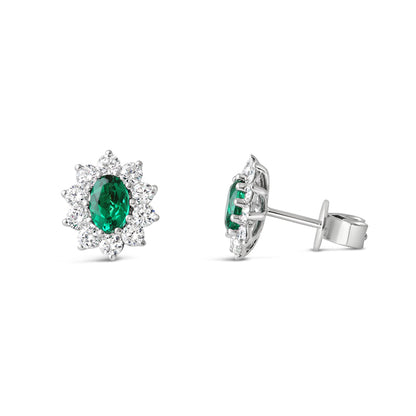Emerald &amp; Diamond Cluster Stud Earrings