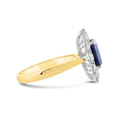 Rocks Sapphire Collection Emerald cut Sapphire &amp; Diamond Cluster Ring Laboratory Grown Sapphire and Diamonds 9ct Yellow &amp; White Gold Sapphire Weight: 2.21ct Total Diamond Weight: 1.55ct