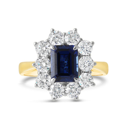 Rocks Sapphire Collection Emerald cut Sapphire &amp; Diamond Cluster Ring Laboratory Grown Sapphire and Diamonds 9ct Yellow &amp; White Gold Sapphire Weight: 2.21ct Total Diamond Weight: 1.55ct