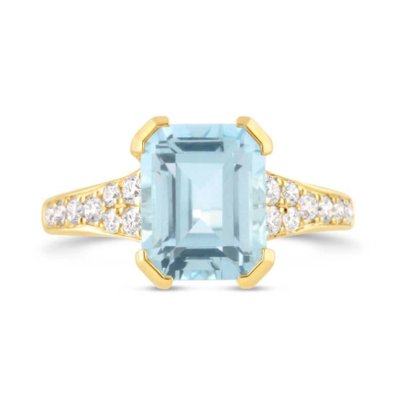 Emerald Cut Blue Topaz &amp; Diamond Set Shoulder Ring