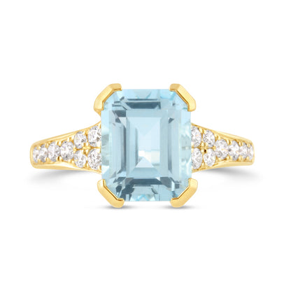 Emerald Cut Blue Topaz &amp; Diamond Set Shoulder Ring