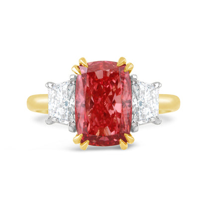 Fancy Vivid Pink Cushion &amp; Trapezoid Diamond Three Stone Ring 4.34ct