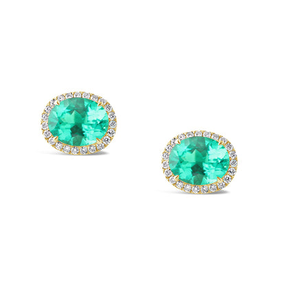 Oval Cut Emerald &amp; Diamond Halo Stud Earrings
