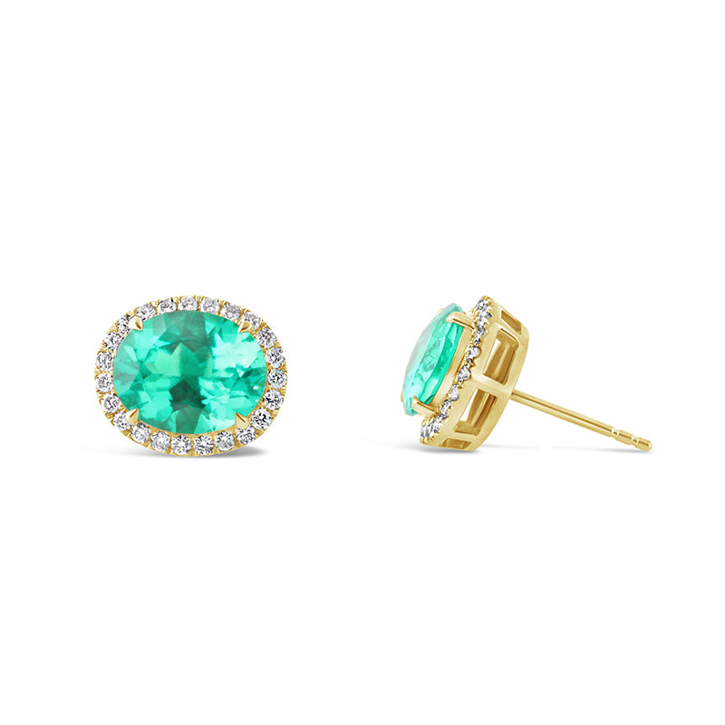 Oval Cut Emerald &amp; Diamond Halo Stud Earrings