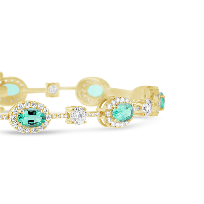 Oval Emerald Halo &amp; Round Cut Diamond Station Bracelet