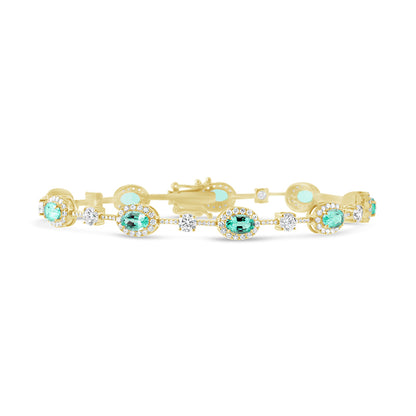 Oval Emerald Halo &amp; Round Cut Diamond Station Bracelet